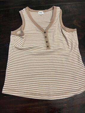 BKE Tan & White Striped Sleeveless Henley Tank